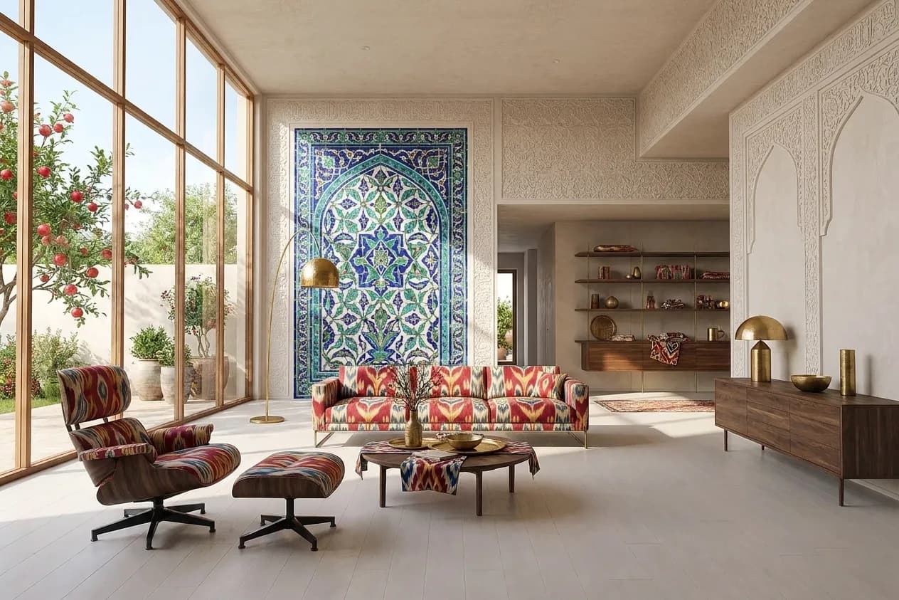 The sample scene rendered in the Uzbek Silk Road style