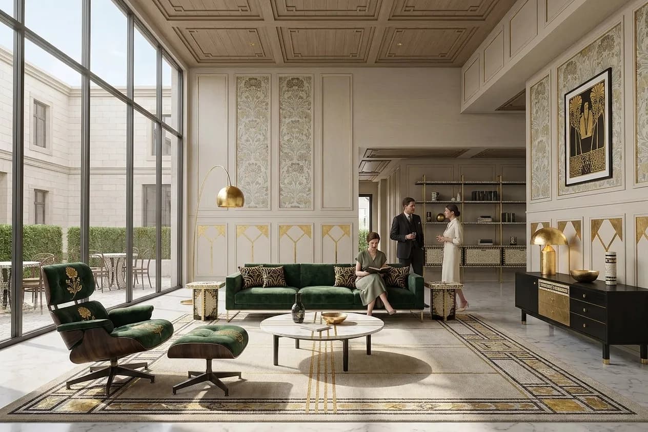 The sample scene rendered in the Vienna Secession style
