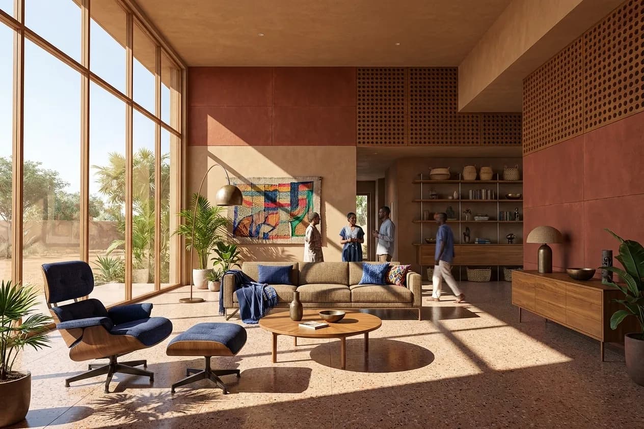 The sample scene rendered in the West African Modernism style