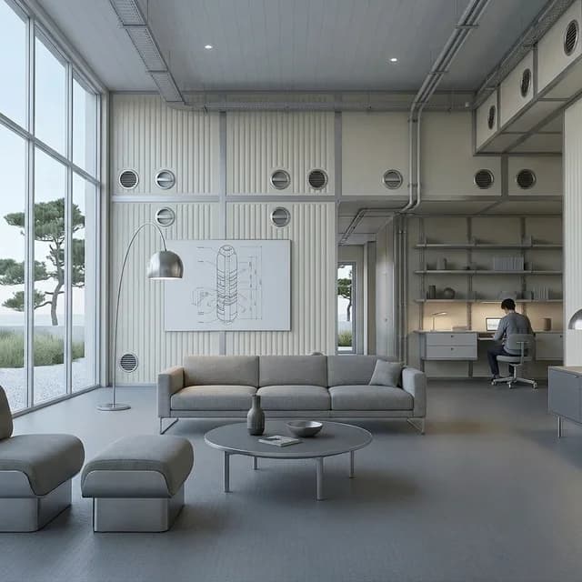 The sample scene rendered in the Japanese Metabolism style
