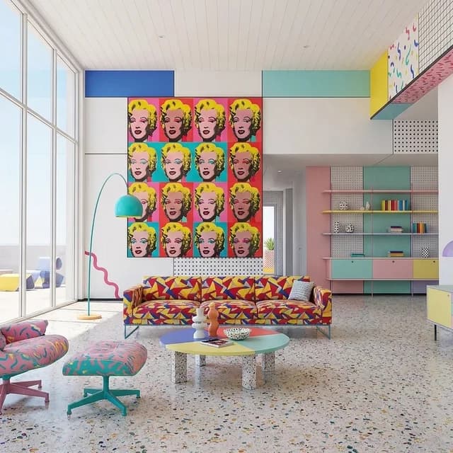 The sample scene rendered in the Memphis Postmodern style