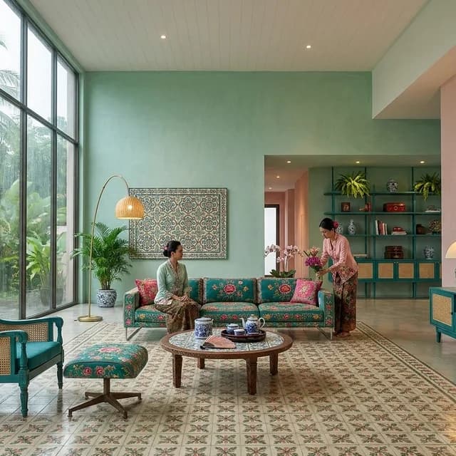 The sample scene rendered in the Peranakan Shophouse style