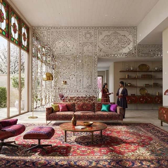 The sample scene rendered in the Persian Qajar style