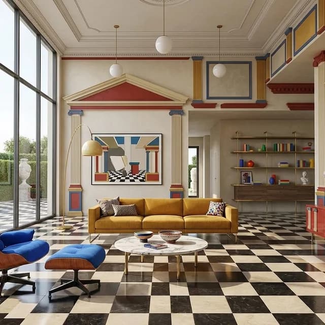 The sample scene rendered in the Postmodern Classicism style