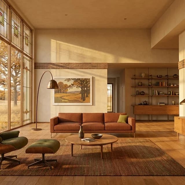 The sample scene rendered in the Prairie School style