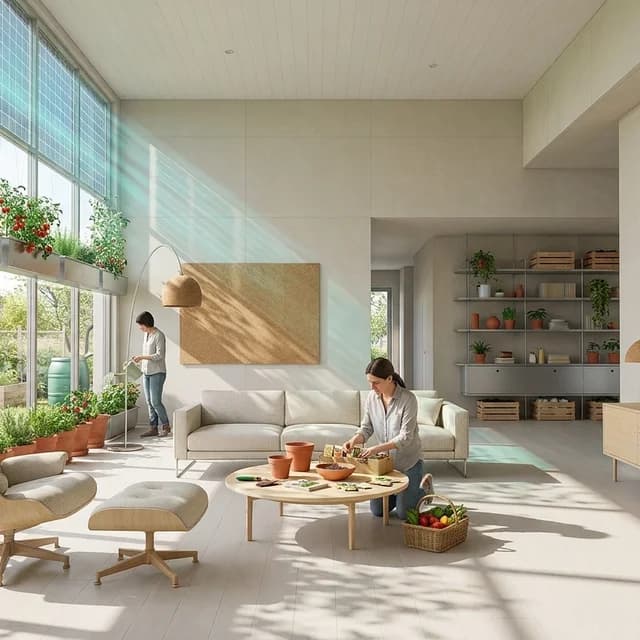 The sample scene rendered in the Solarpunk Atrium style