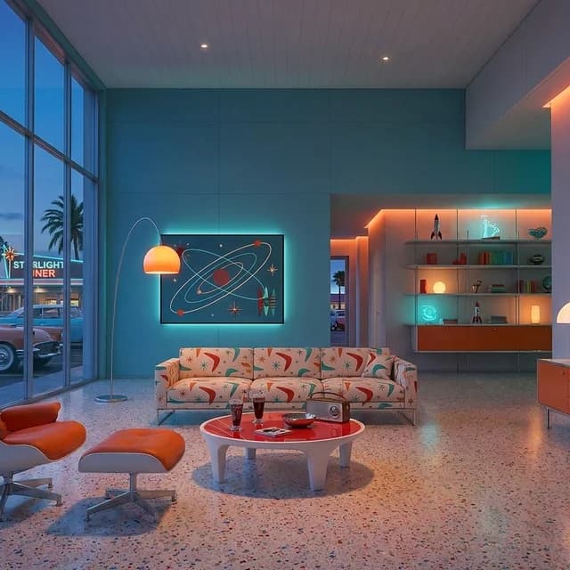 The sample scene rendered in the Space Age Googie style