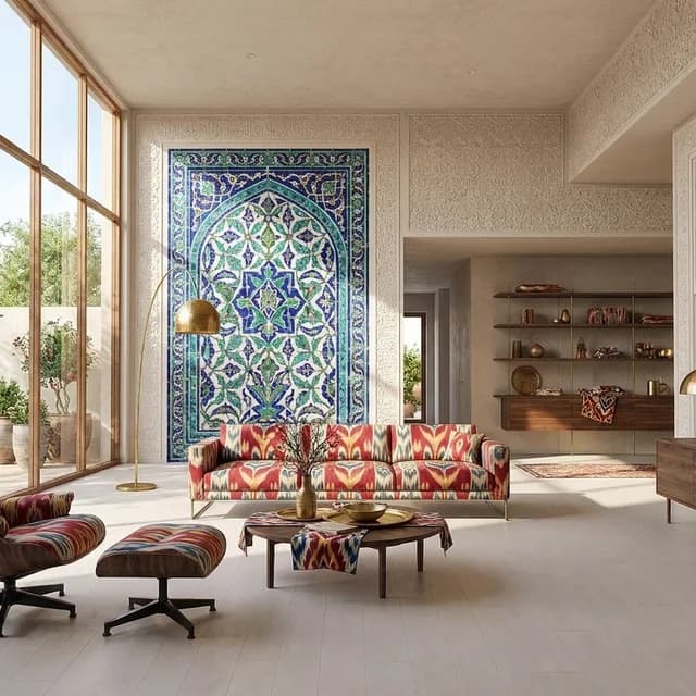 The sample scene rendered in the Uzbek Silk Road style