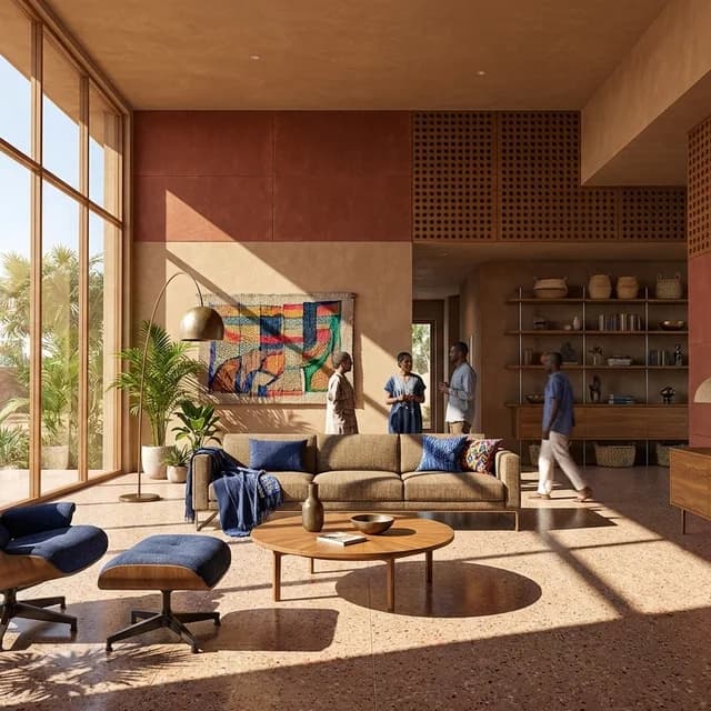 The sample scene rendered in the West African Modernism style