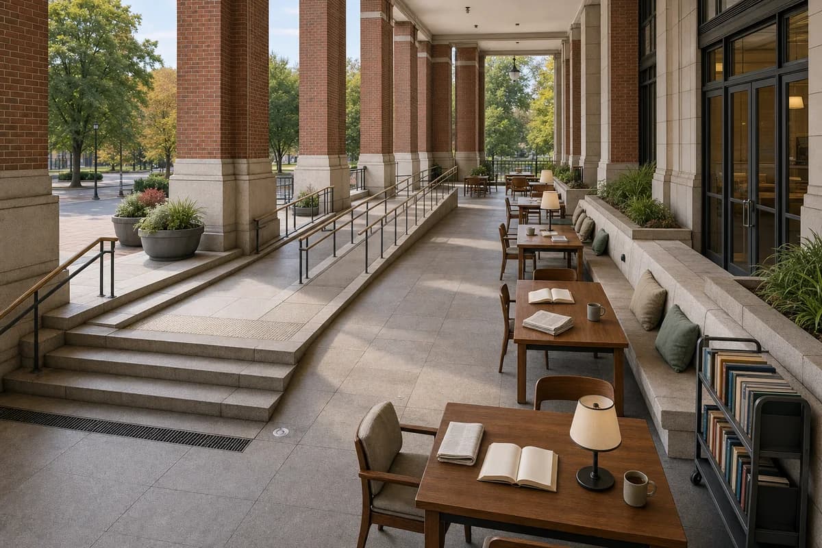An unoccupied brick civic loggia furnished as a public reading terrace.
