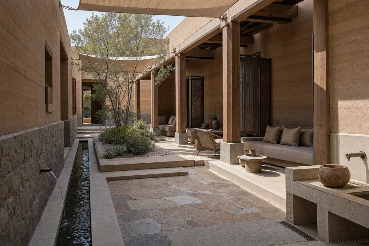 An unoccupied shaded earth garden court beside a narrow water rill.