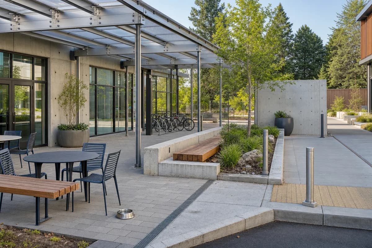A second candidate of the same empty campus forecourt with identical camera, geometry, furniture, time, lighting, and conditions.