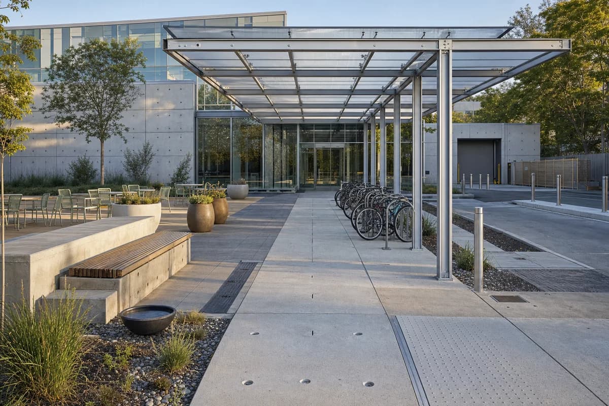 An unoccupied campus garden forecourt with a canopy, seating, and bicycle dock.