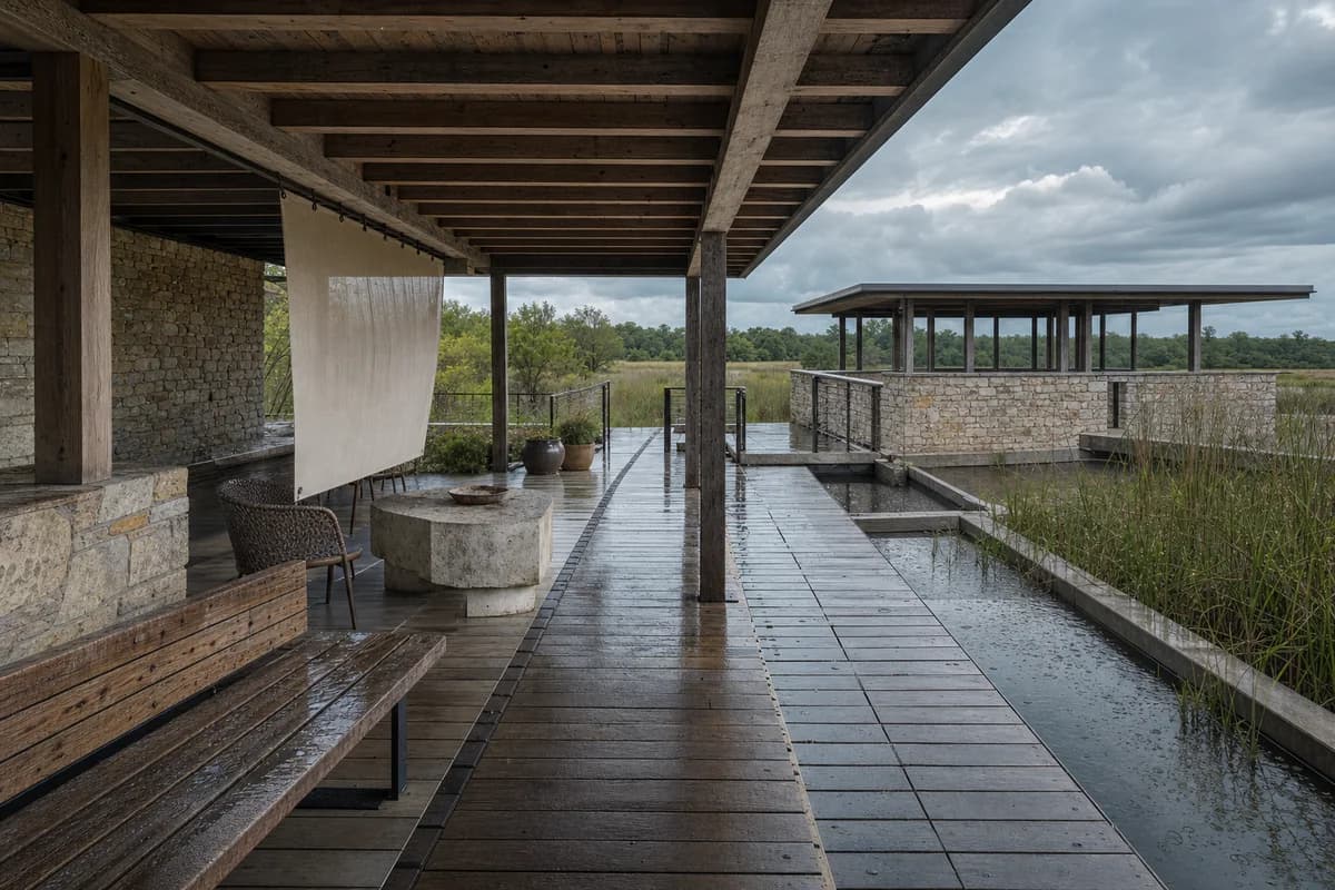 An unoccupied weathered timber wetland pavilion and boardwalk after rain.