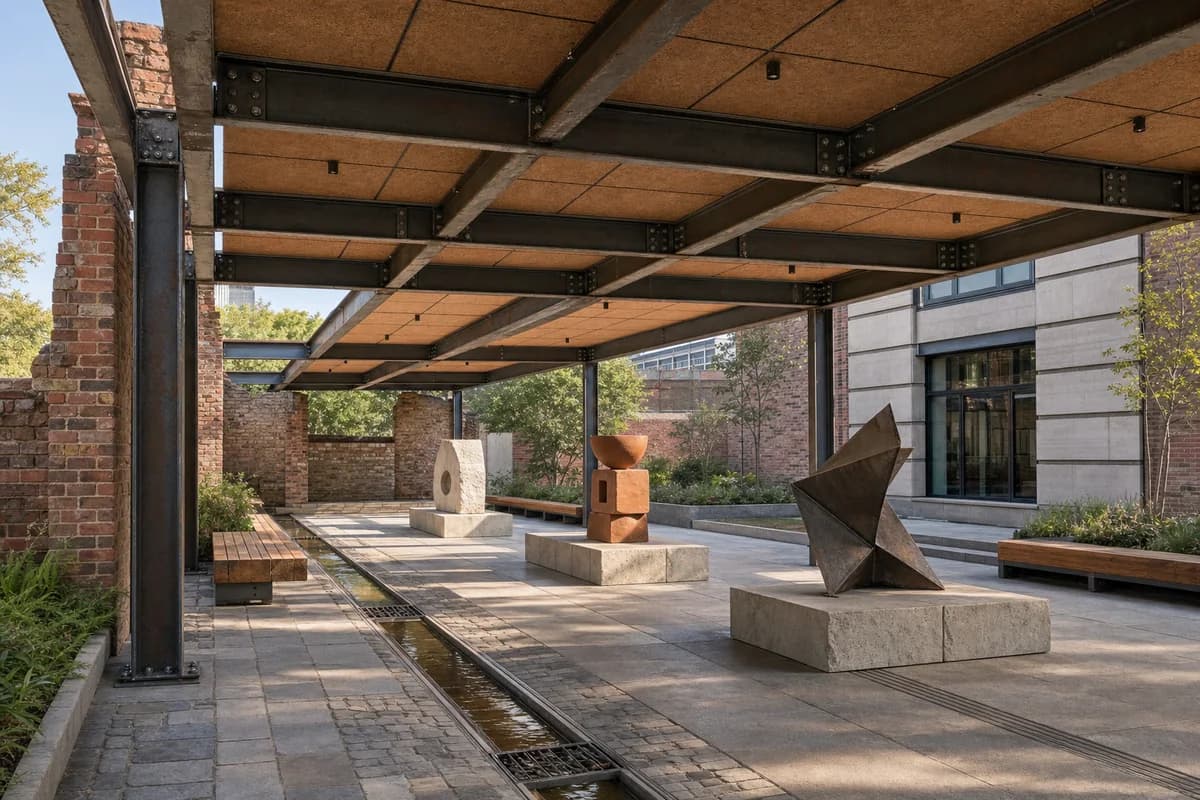 An unoccupied modular sculpture court beneath a reclaimed-steel canopy.
