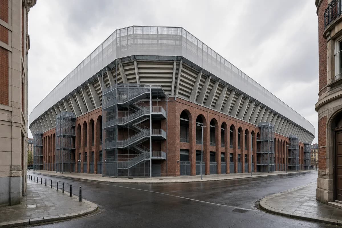 Brick-arcaded urban stadium on an overcast morning after rain.