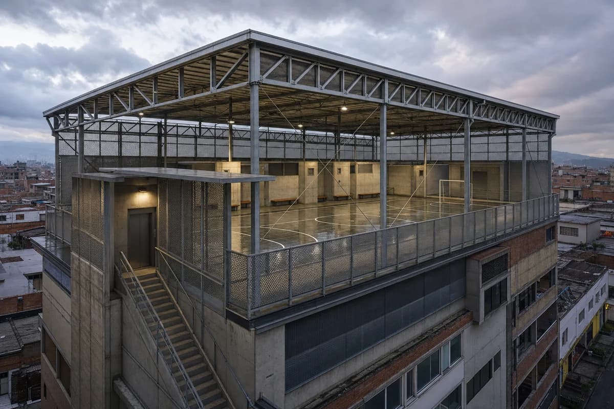 Galvanized rooftop futsal hall with an empty wet court at dusk.
