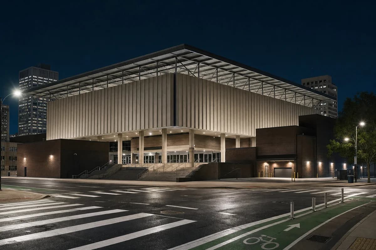 Ribbed precast downtown basketball arena under restrained night lighting.