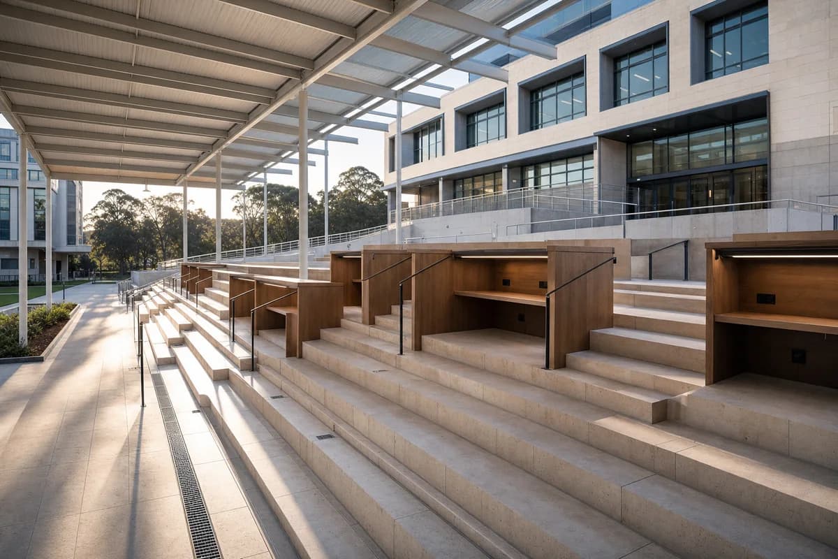 Quiet limestone university reading terrace in crisp early-morning light.
