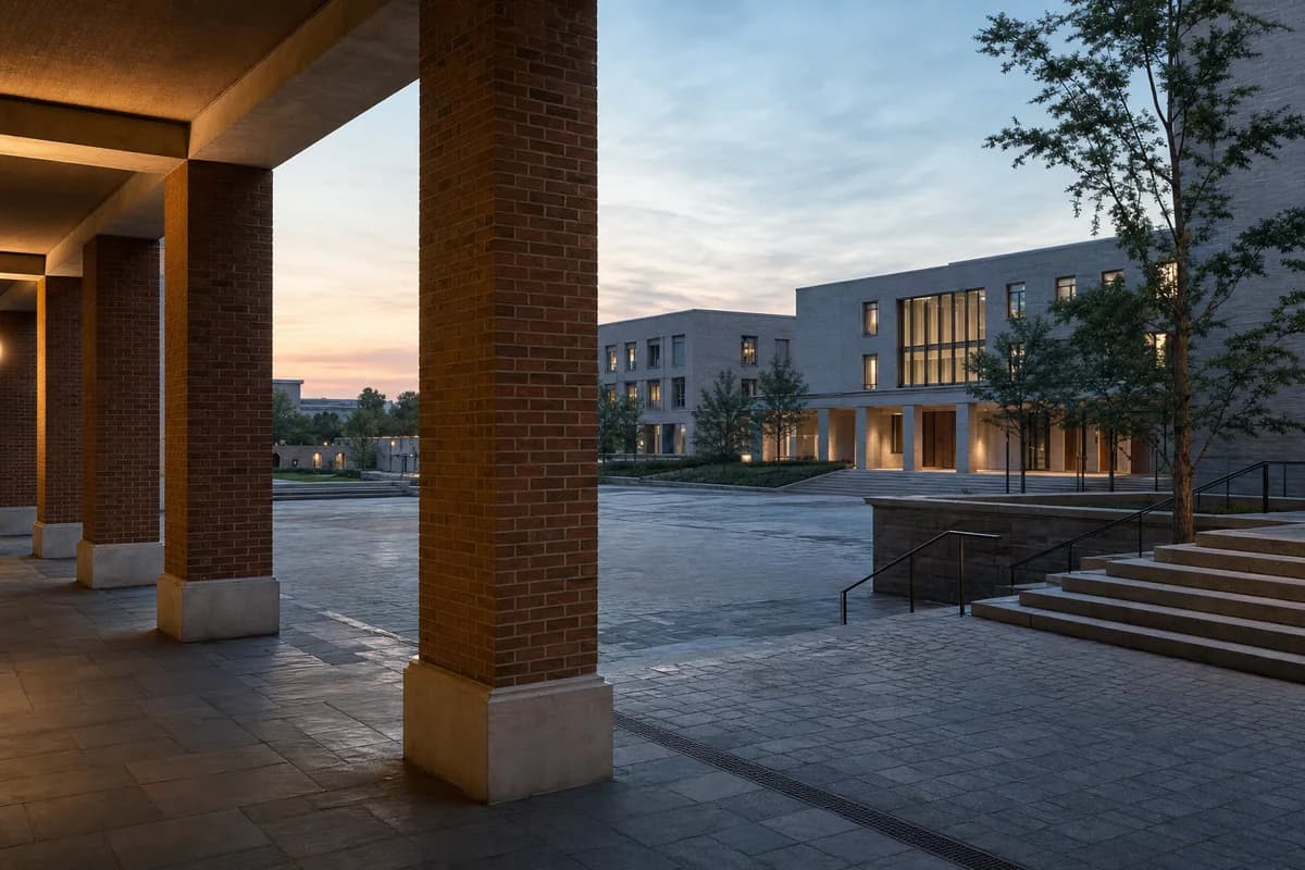 Stone university court returning to quiet use during long summer dusk.