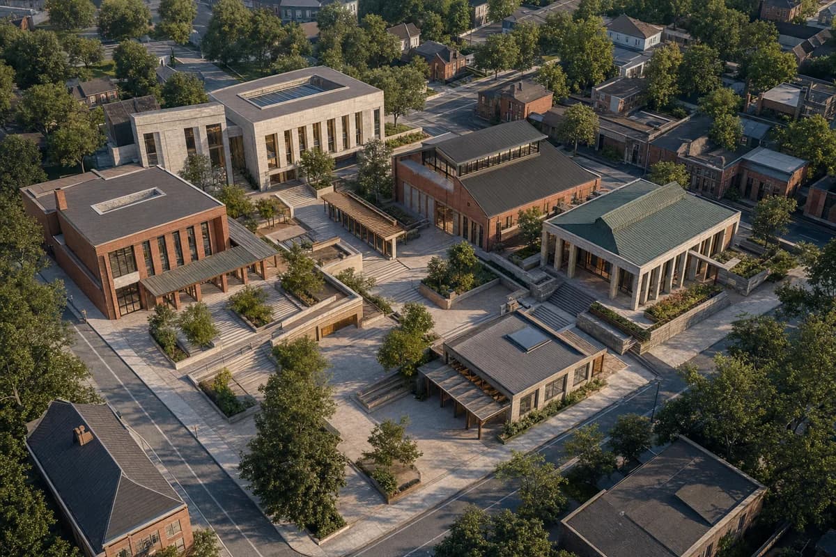 Alternate unoccupied render of the same civic quarter with the exact same prompt, camera, geometry, time, and light