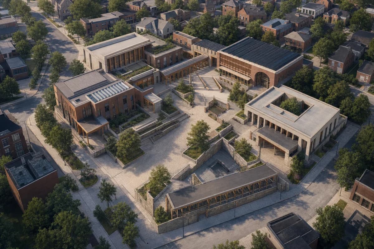 Unoccupied civic quarter centered on a connected public square