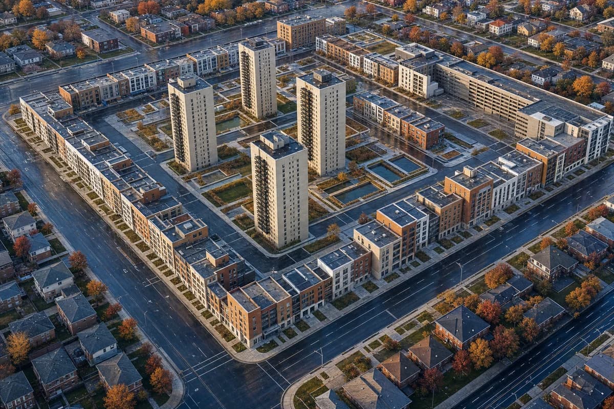 Oblique aerial of a retained-tower superblock divided by new streets.
