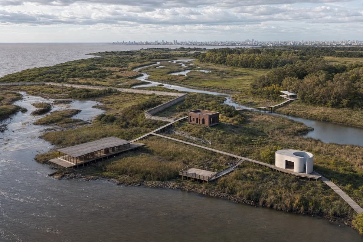 Unoccupied aerial of Buenos Aires tidal channels with low arts pavilions and raised walks