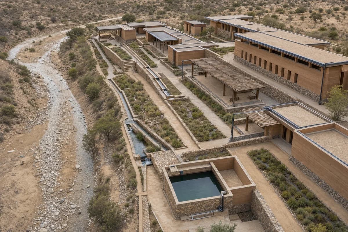 Unoccupied earth-built water institute aligned beside a seasonal wash