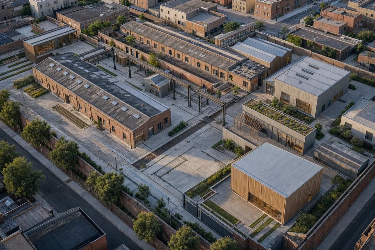 Unoccupied arts district with retained brick halls and reversible insertions