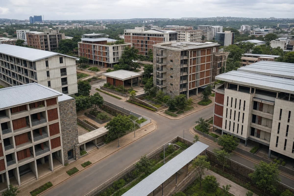 Oblique view of a shaded university quarter on retained city streets.