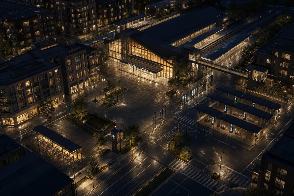 Unoccupied aerial night view of a station quarter lit along practical routes