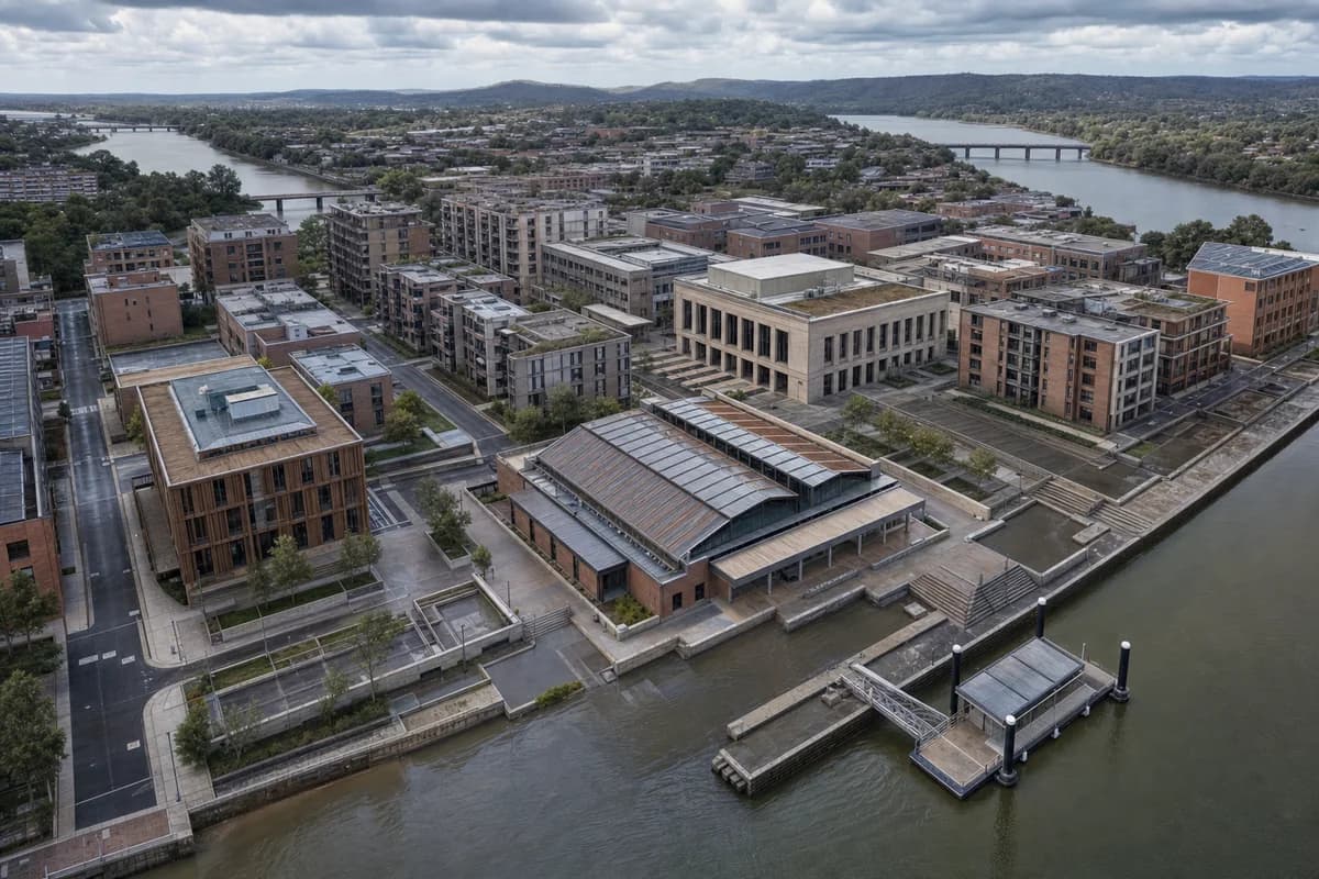 Oblique aerial of a flood-aware civic district at a river confluence.