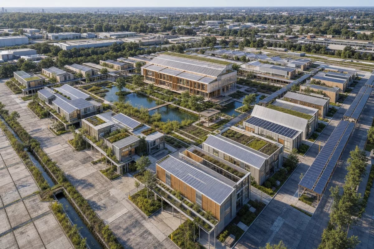 Unoccupied aerial view of modular research buildings around a library and water court