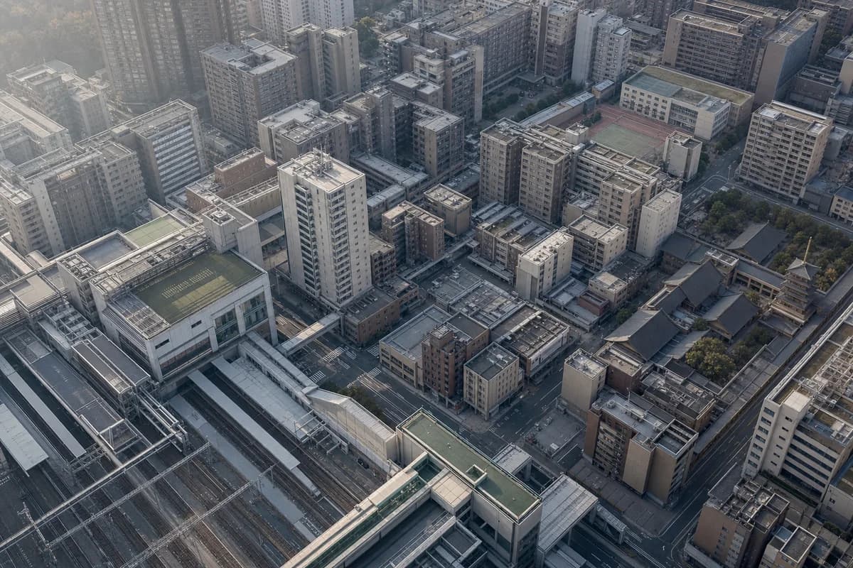 Oblique aerial of a station district organized by courts and passages.
