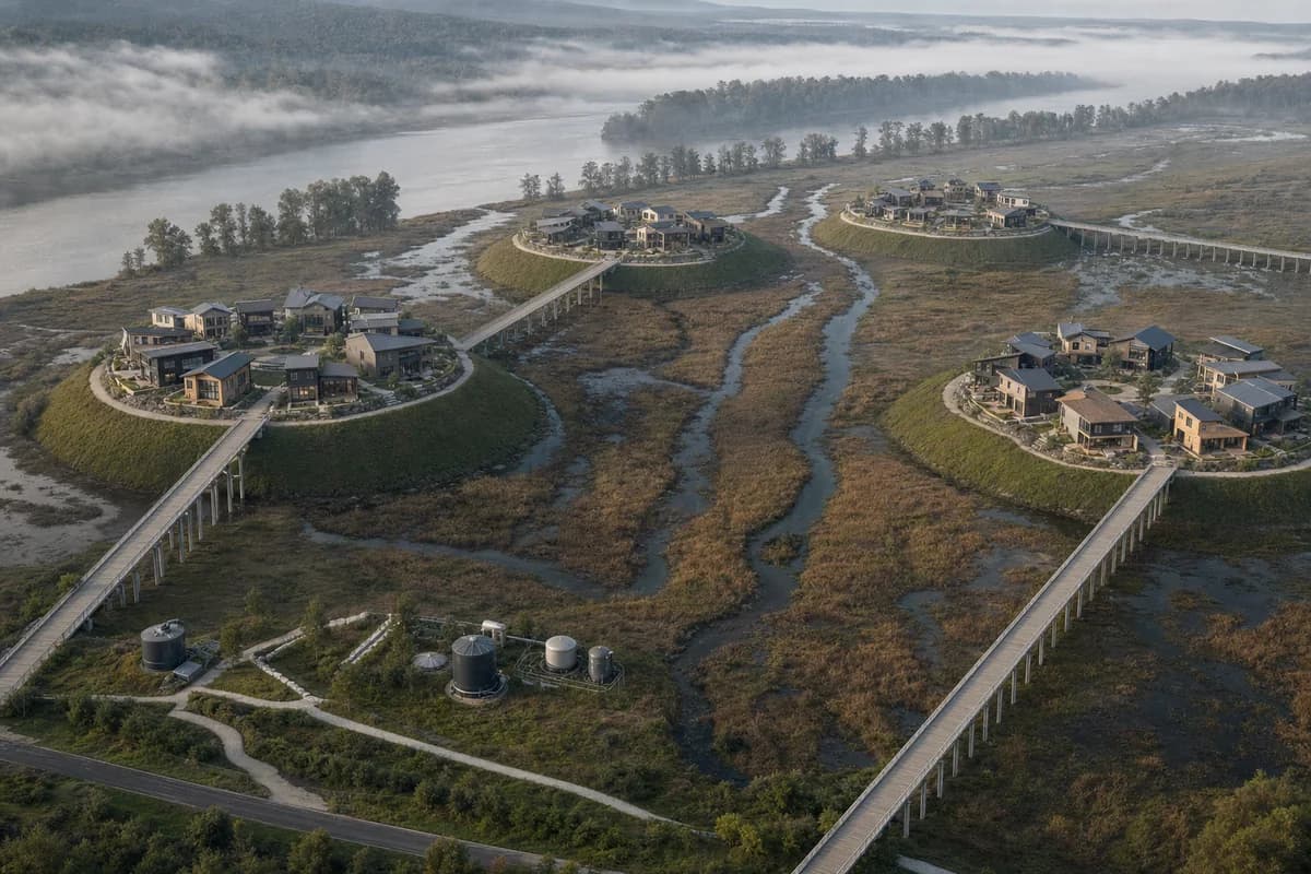 Elevated housing clusters and floodable landscape bands on a river plain.