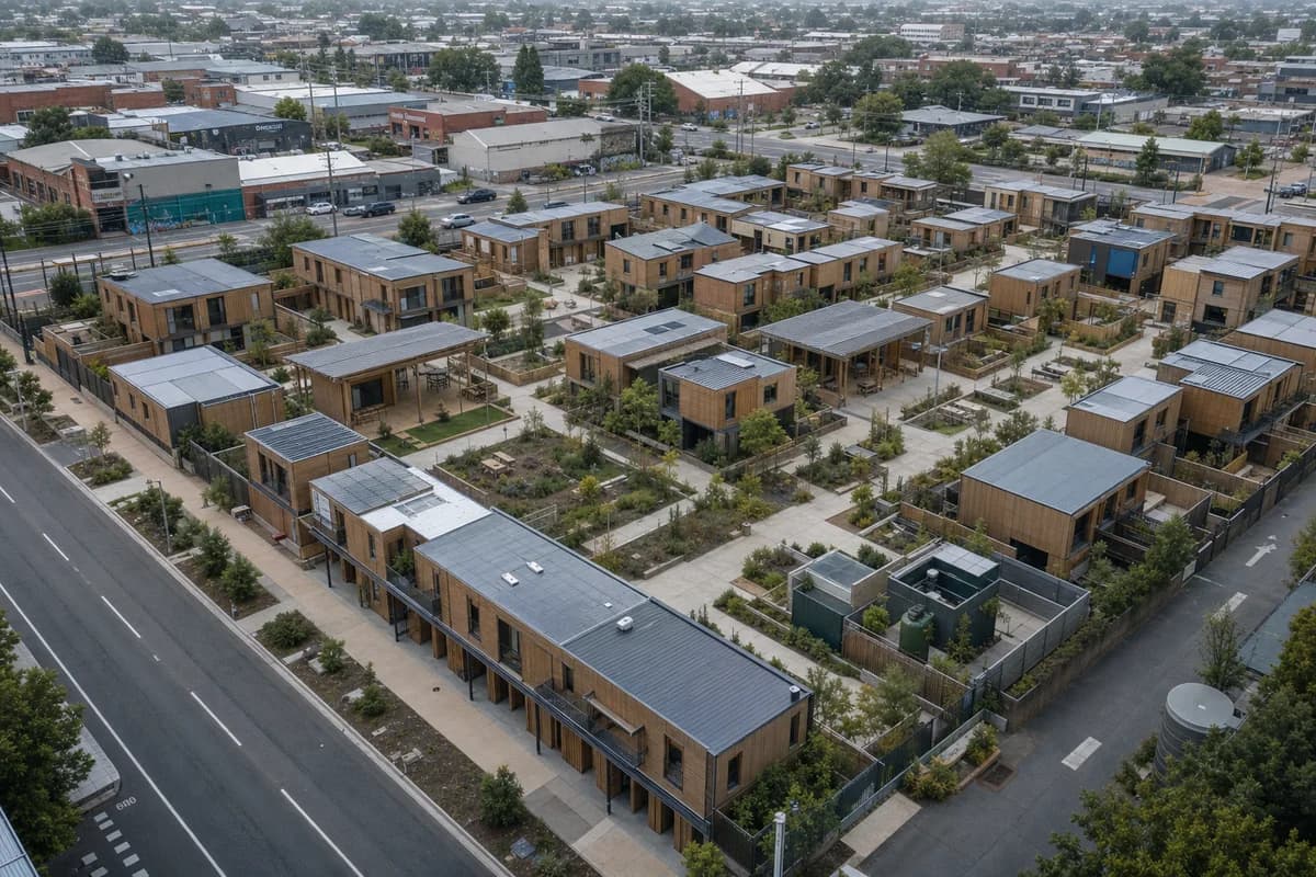 Reusable timber family-housing modules arranged around sheltered urban courts.