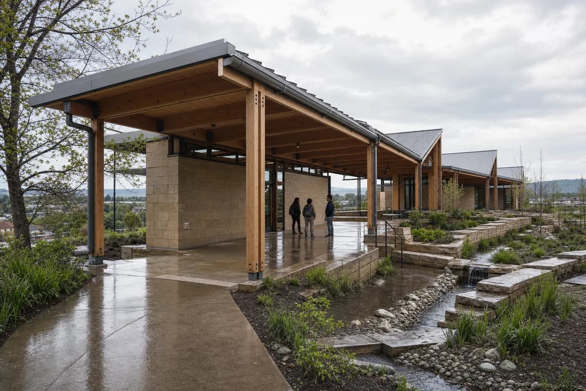 Timber and masonry climate-learning center stepped beside planted stormwater terraces.