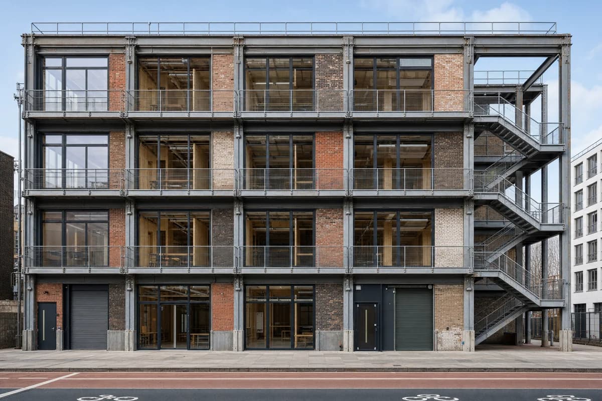 Unoccupied disassemblable arts school with exposed steel bays and empty access galleries.