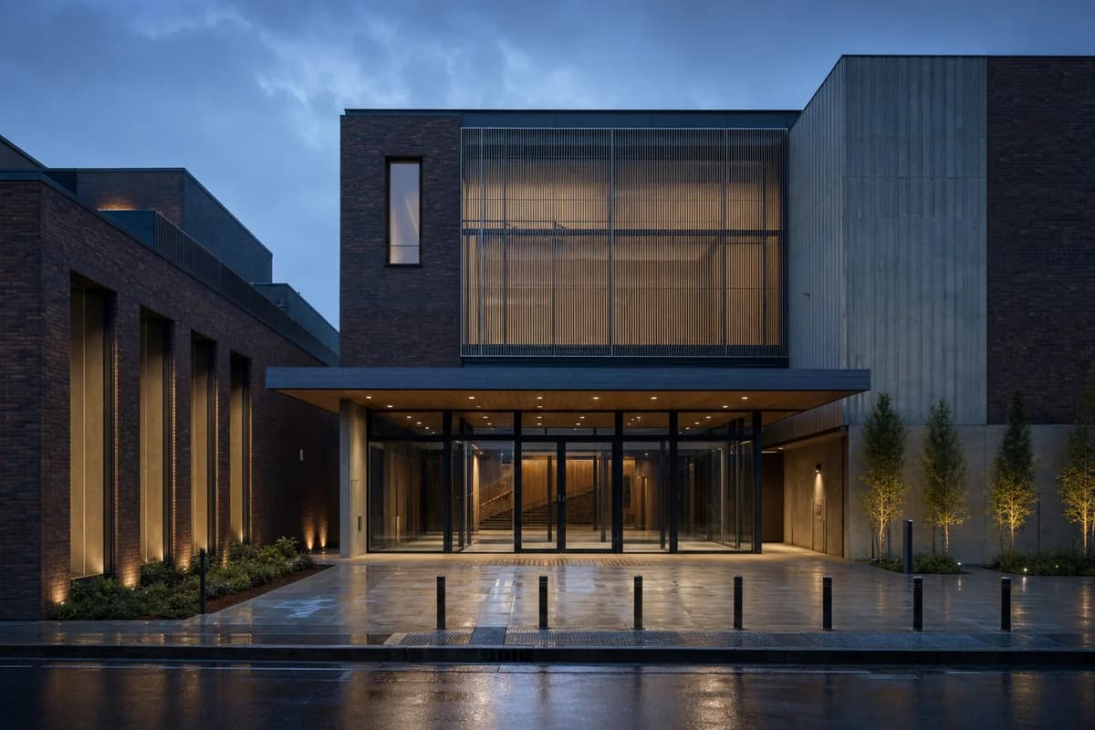 Dark brick cinematheque with a restrained foyer at blue hour.