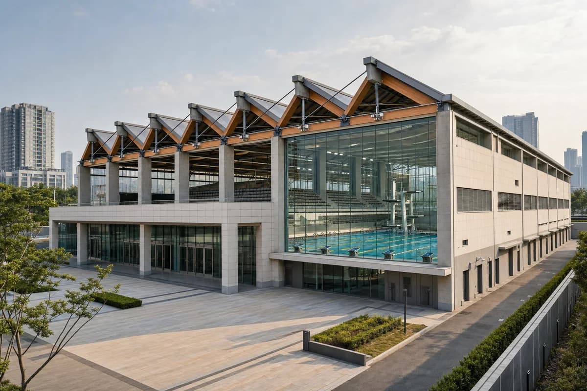 Ceramic aquatic competition hall beneath a shallow timber and steel roof.