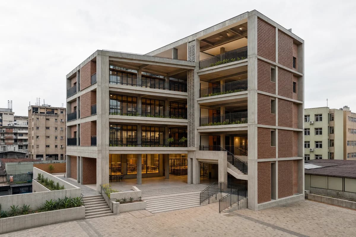 Concrete and clay-block media library with shaded reading terraces.