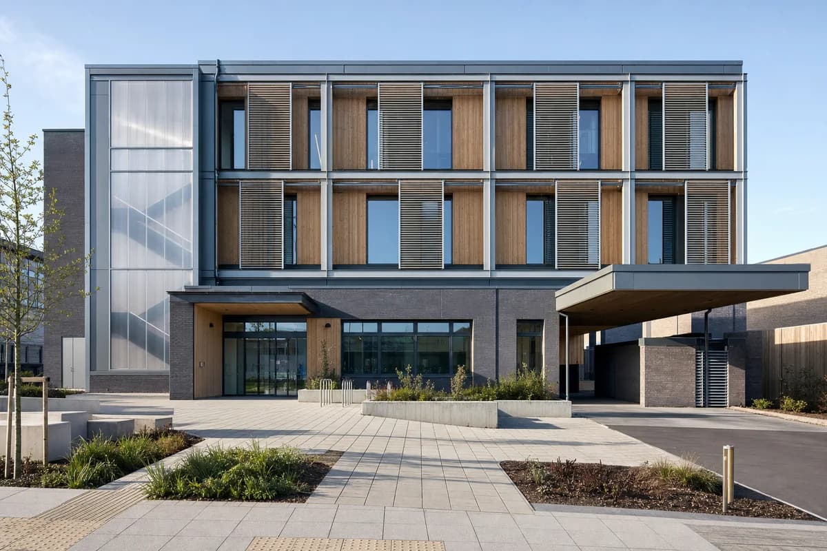 Unoccupied modular health center with deeply shaded bays and a resolved accessible forecourt.