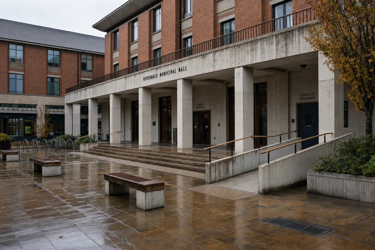 Unoccupied brick municipal hall and colonnaded courtyard after light rain.