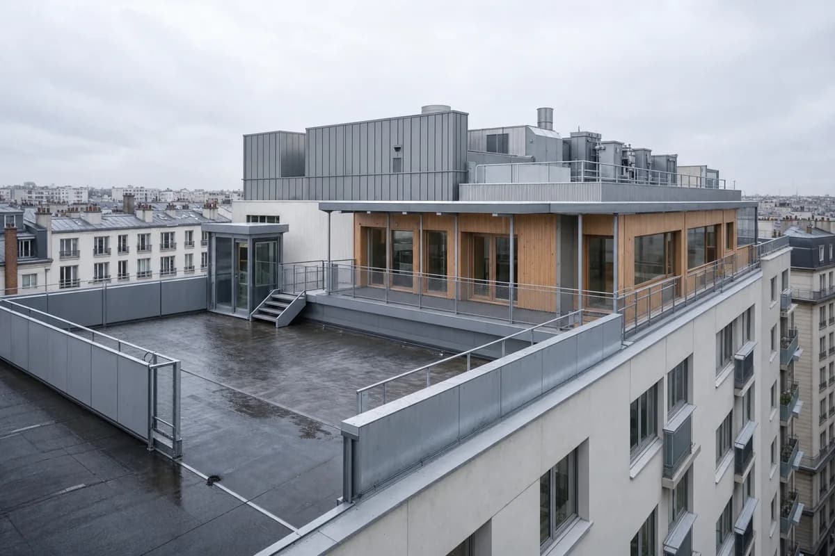 Timber school extension aligned over a winter apartment roof.