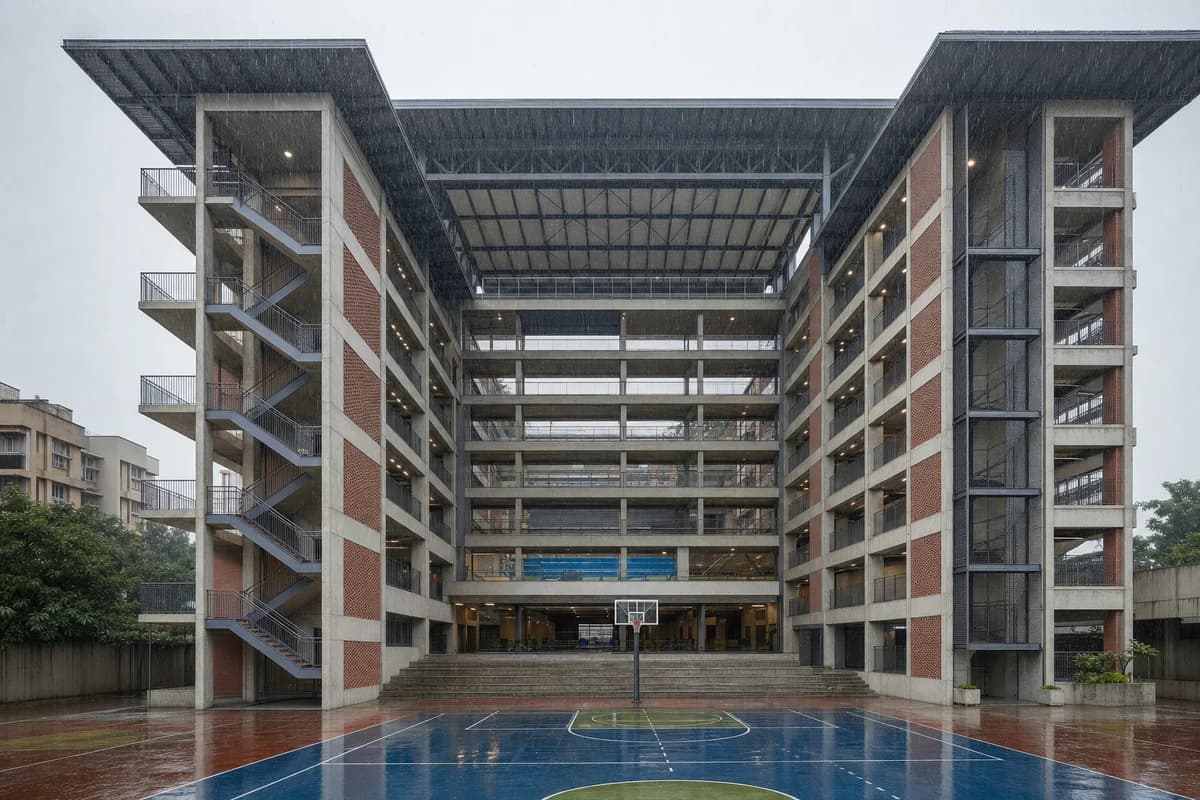 Stacked concrete and brick sports center around a rainy central void.
