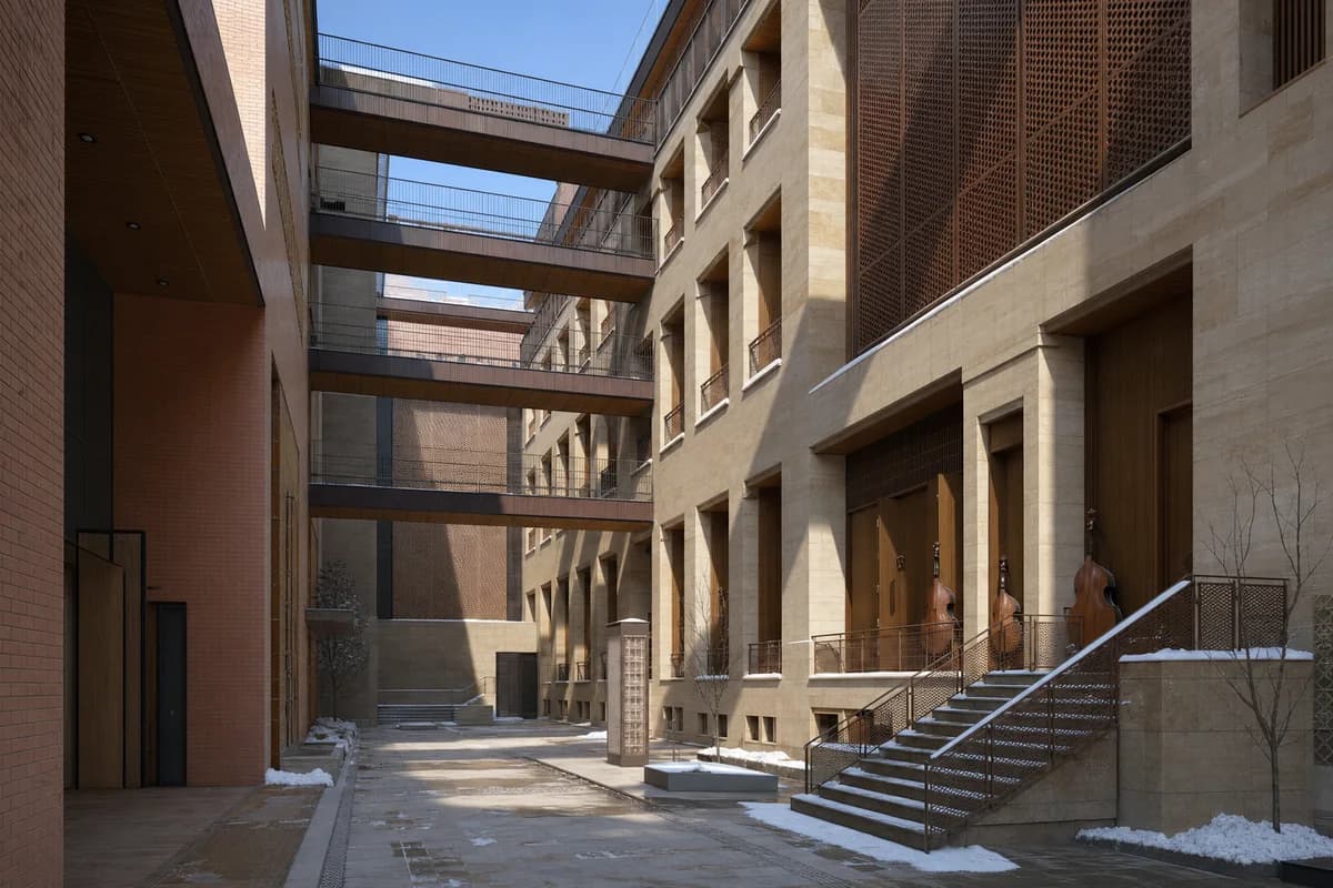 Stone and brick music conservatory around a winter court.