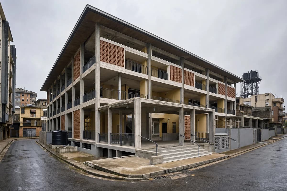Concrete and clay-block clinic fitted into a triangular city corner.