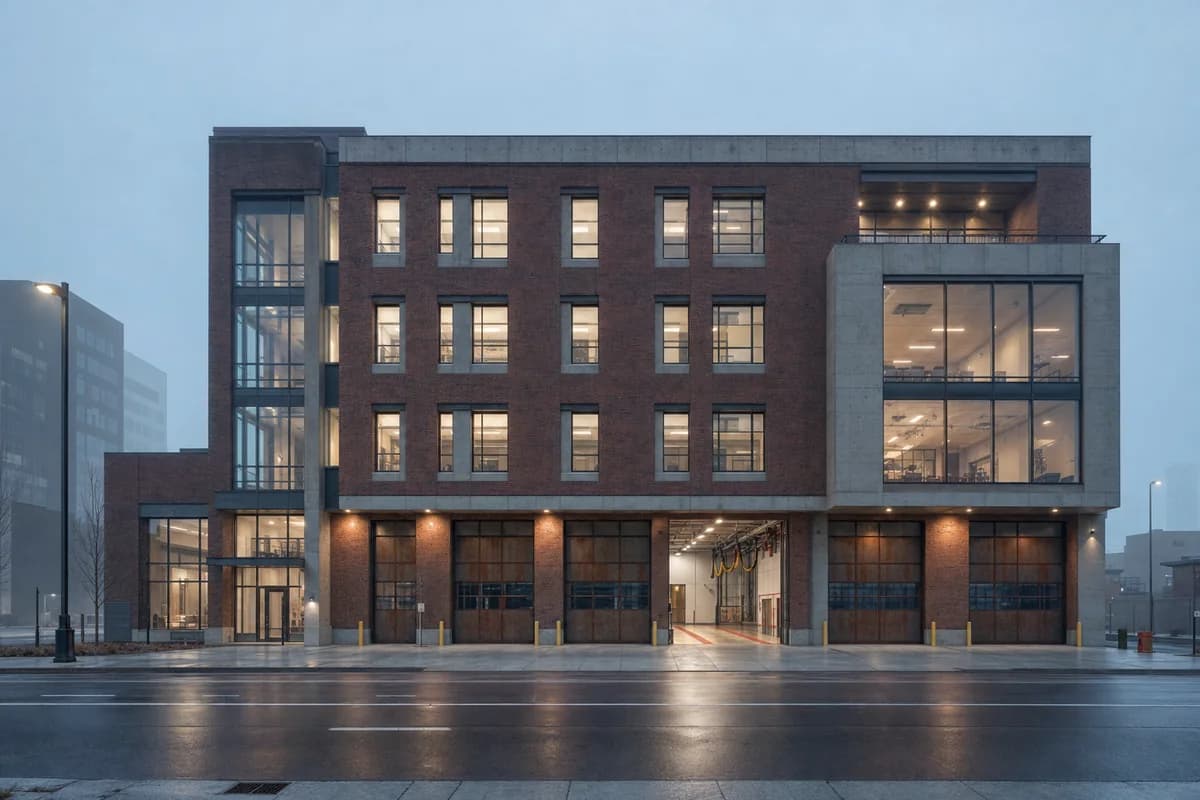 Brick urban fire and resilience center in predawn fog.