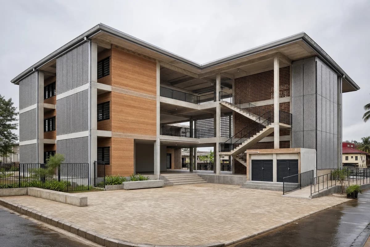 Shaded concrete and earth digital learning center in Accra.